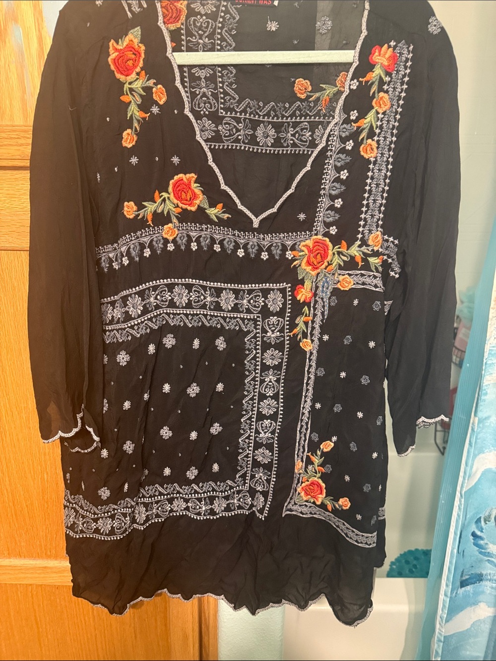 Johnny Was Black Embroidered Tunic with Orange and Yellow Floral Accents